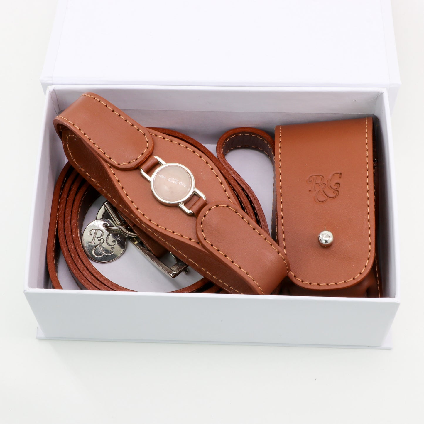 CONJUNTO PARA MASCOTAS DE COLLAR CUARZO ROSA, CORREA Y ESTUCHE PORTA BOLSAS – MEDIDA M