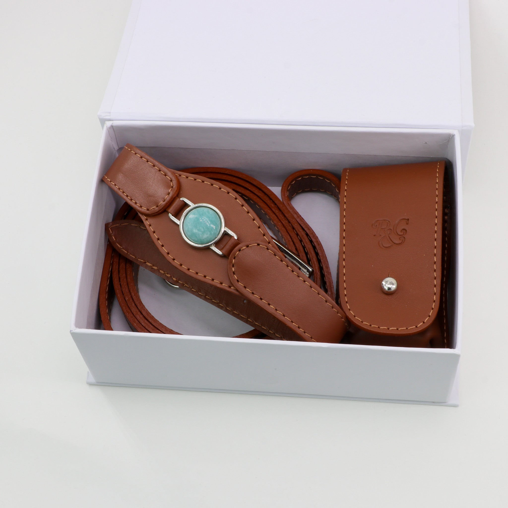 CONJUNTO PARA MASCOTAS DE COLLAR AMAZONITA, CORREA Y ESTUCHE PORTA BOLSAS – MEDIDA M