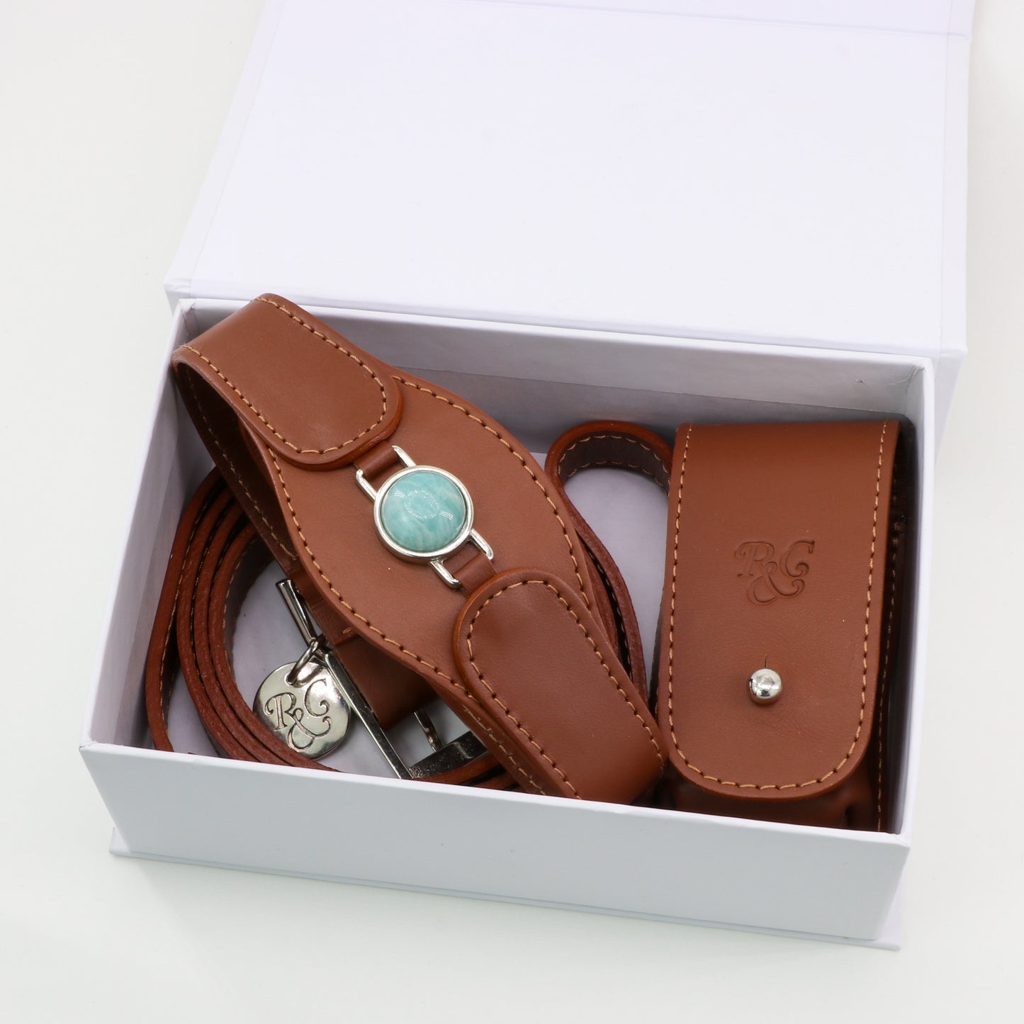 CONJUNTO PARA MASCOTAS DE COLLAR AMAZONITA, CORREA Y ESTUCHE PORTA BOLSAS – MEDIDA L