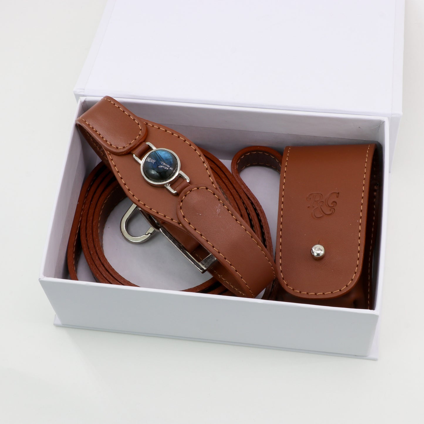 CONJUNTO PARA MASCOTAS DE COLLAR LABRADORITA, CORREA Y ESTUCHE PORTA BOLSAS – MEDIDA M