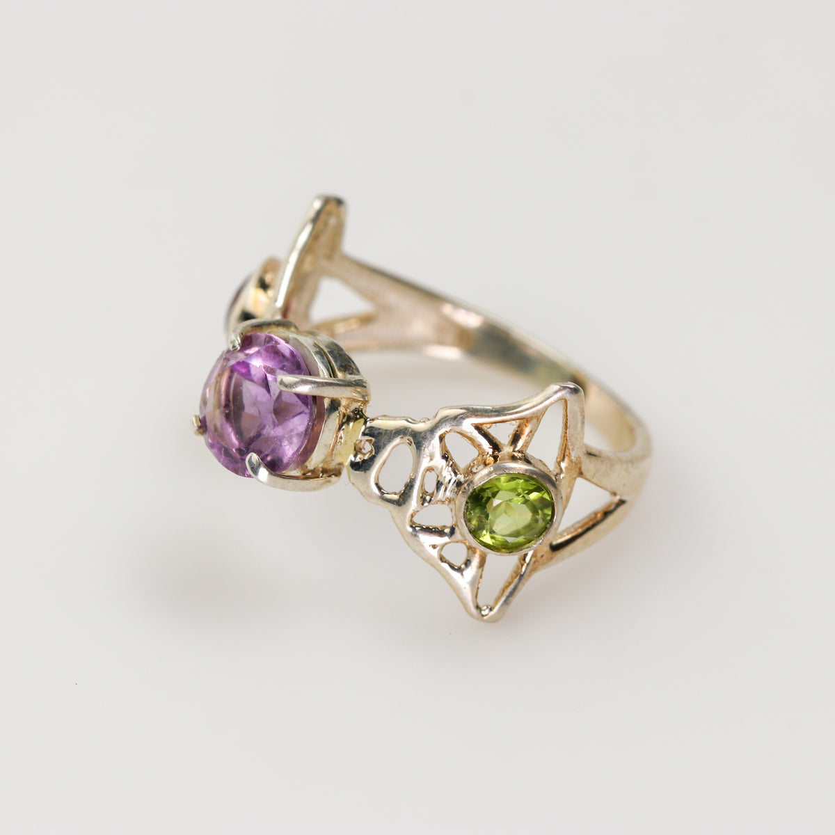 Amethyst, Citrine & Peridot Ring in Rhodium-Plated Silver, Size 15 | Rocas & Cristales