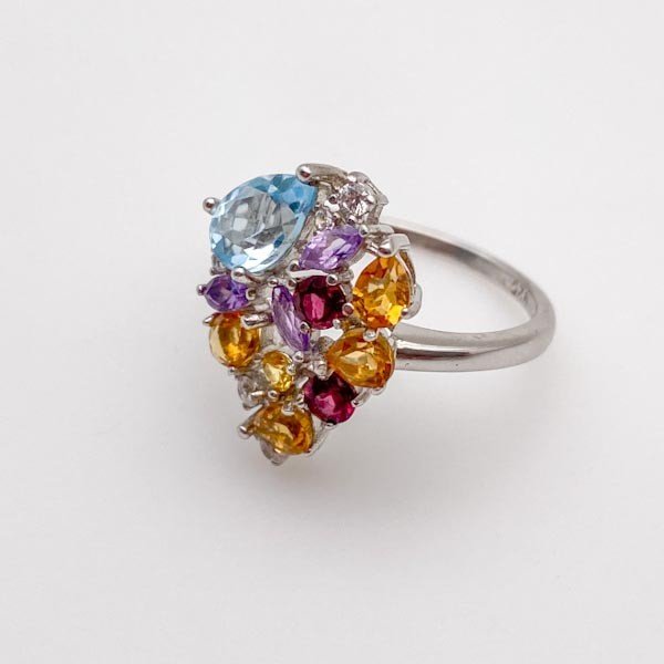 Anillo de Granate Rodolita, Amatista, Topacio Azul, Citrino y cubic zirconia - Anillos