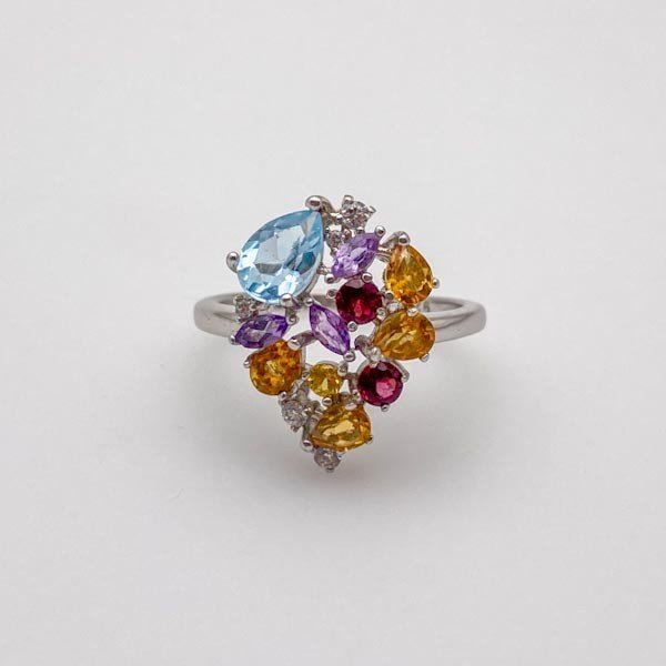 Anillo de Granate Rodolita, Amatista, Topacio Azul, Citrino y cubic zirconia - Anillos