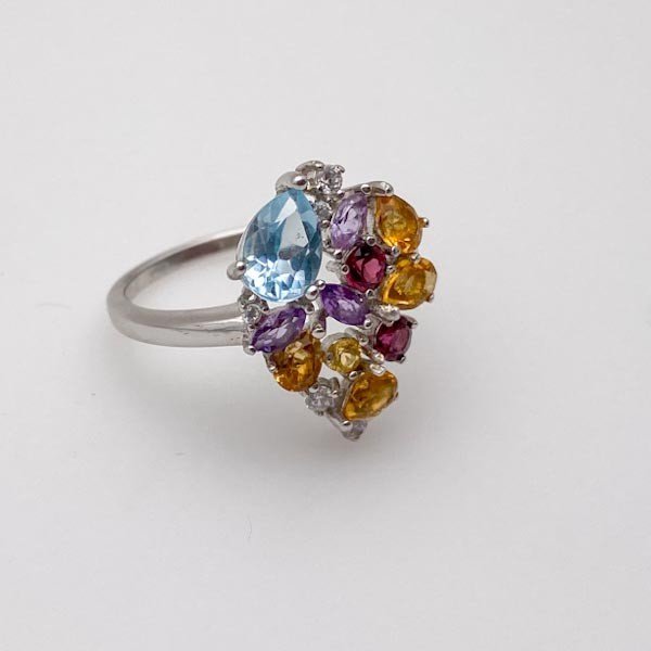 Anillo de Granate Rodolita, Amatista, Topacio Azul, Citrino y cubic zirconia - Anillos