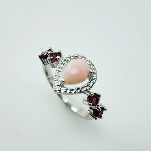 Anillo de Opalo rosa, Granate Rodolita y topacio blanco - Anillos