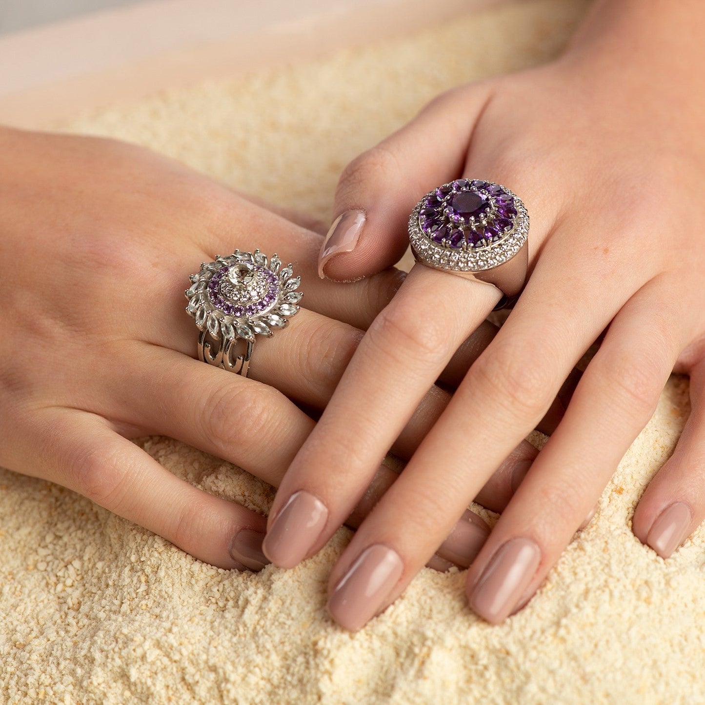 Anillo de Prasiolita, amatistas, topacio azul y cubic zirconia - Anillos