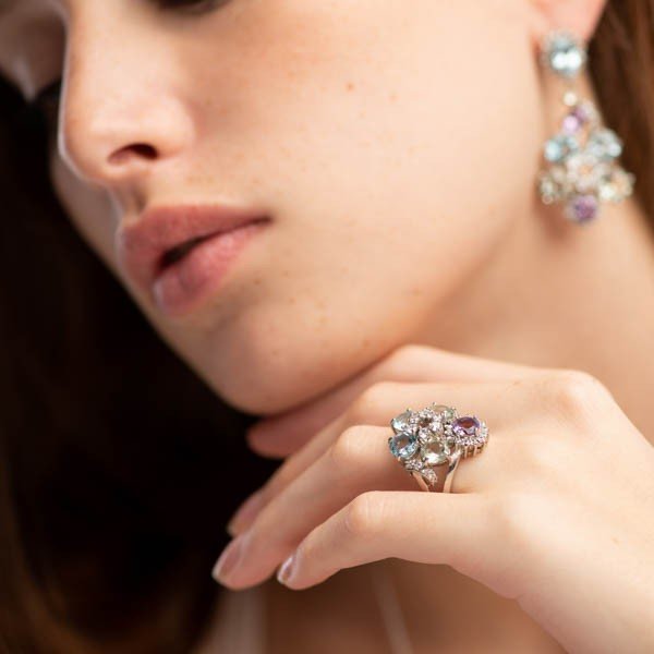 Anillo de Prasiolita, Topacio azul, amatista y cubic zirconia - Anillos