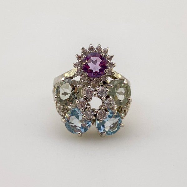 Anillo de Prasiolita, Topacio azul, amatista y cubic zirconia - Anillos