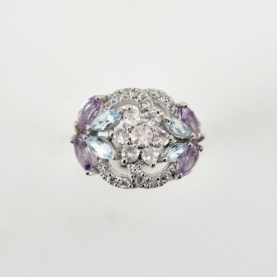 Anillo de Topacio Azul, Cuarzo rosa, Amatista y cubic zirconia - Anillos