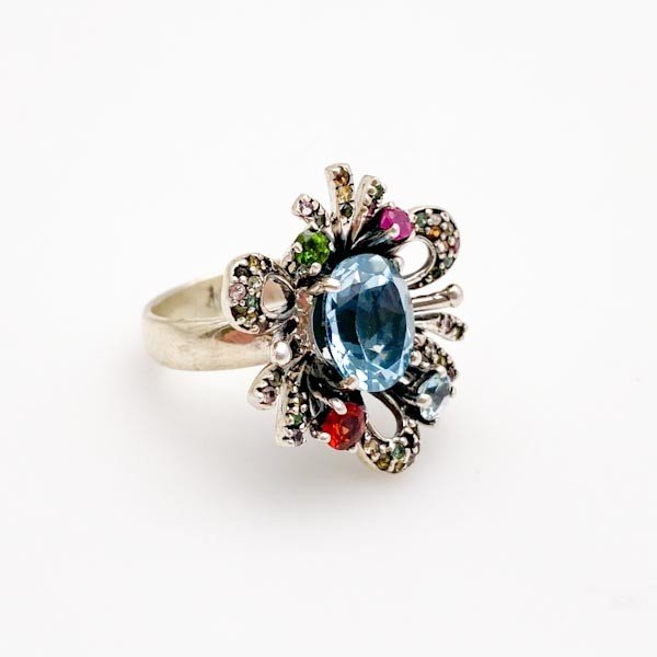 Anillo de Topacio Azul, Peridoto, Rubí, Granate y turmalinas multicolores - Anillos