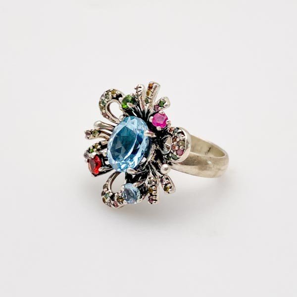 Anillo de Topacio Azul, Peridoto, Rubí, Granate y turmalinas multicolores - Anillos
