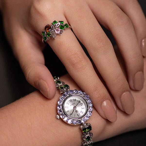 Anillo de Turmalina rosa, turmalina marron y tsavorite - Anillos