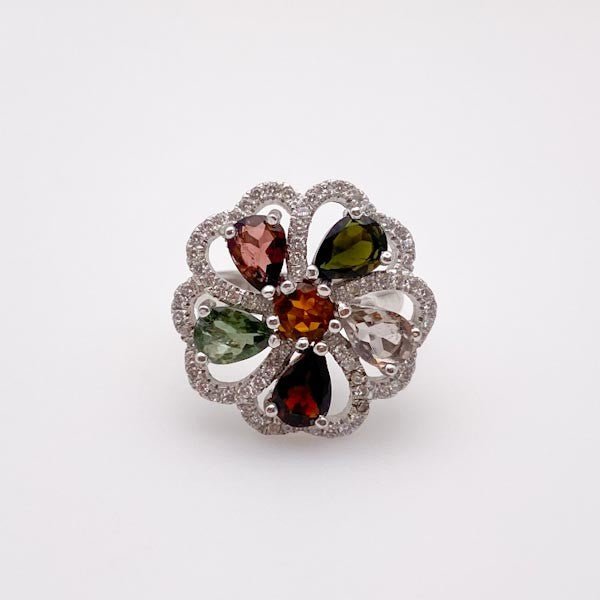 Anillo de turmalinas multicolores, topacio blanco, granate y cubic zirconia - Anillos