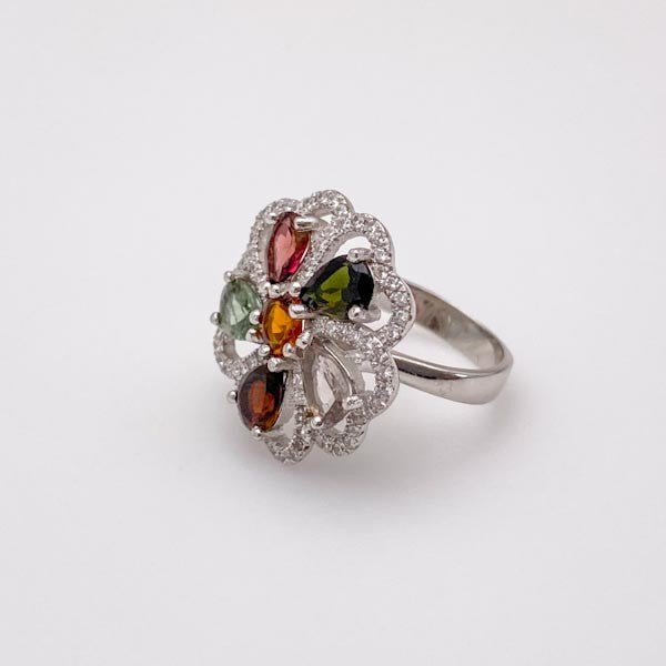 Anillo de turmalinas multicolores, topacio blanco, granate y cubic zirconia - Anillos