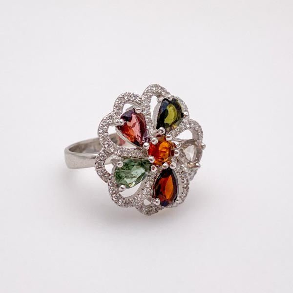 Anillo de turmalinas multicolores, topacio blanco, granate y cubic zirconia - Anillos