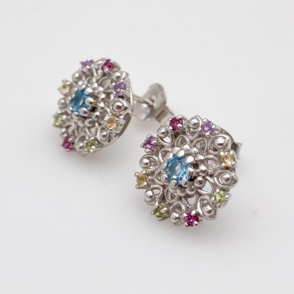 Aros de Granate rodolita, Peridoto, Topacio azul, Citrino y Amatista - Aros