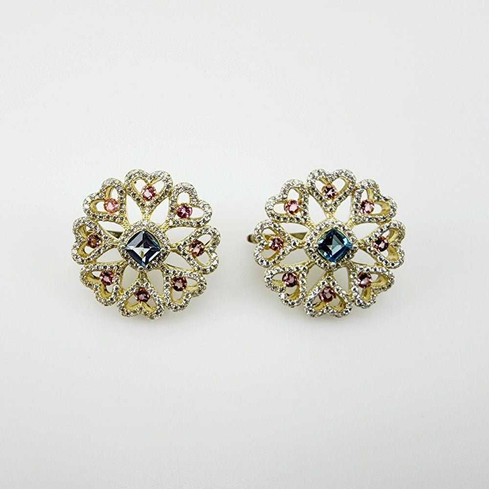 Aros de Topacio Azul, Turmalina rosa y Zirconia Cúbica - Aros