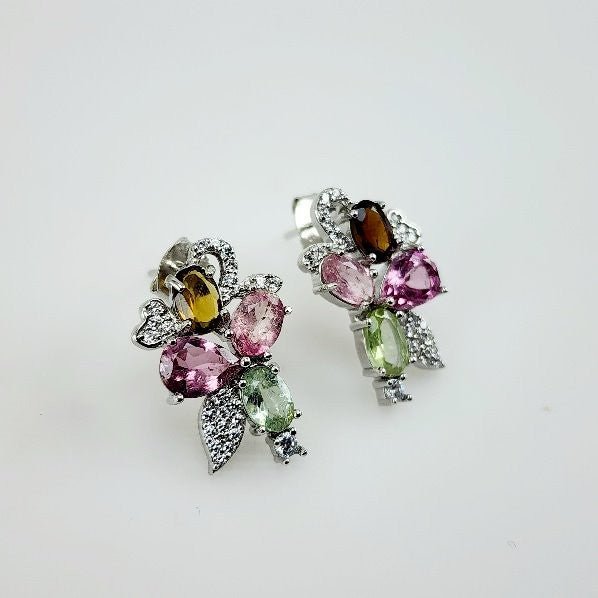 Aros de turmalinas multicolores y cubic zirconia - Aros