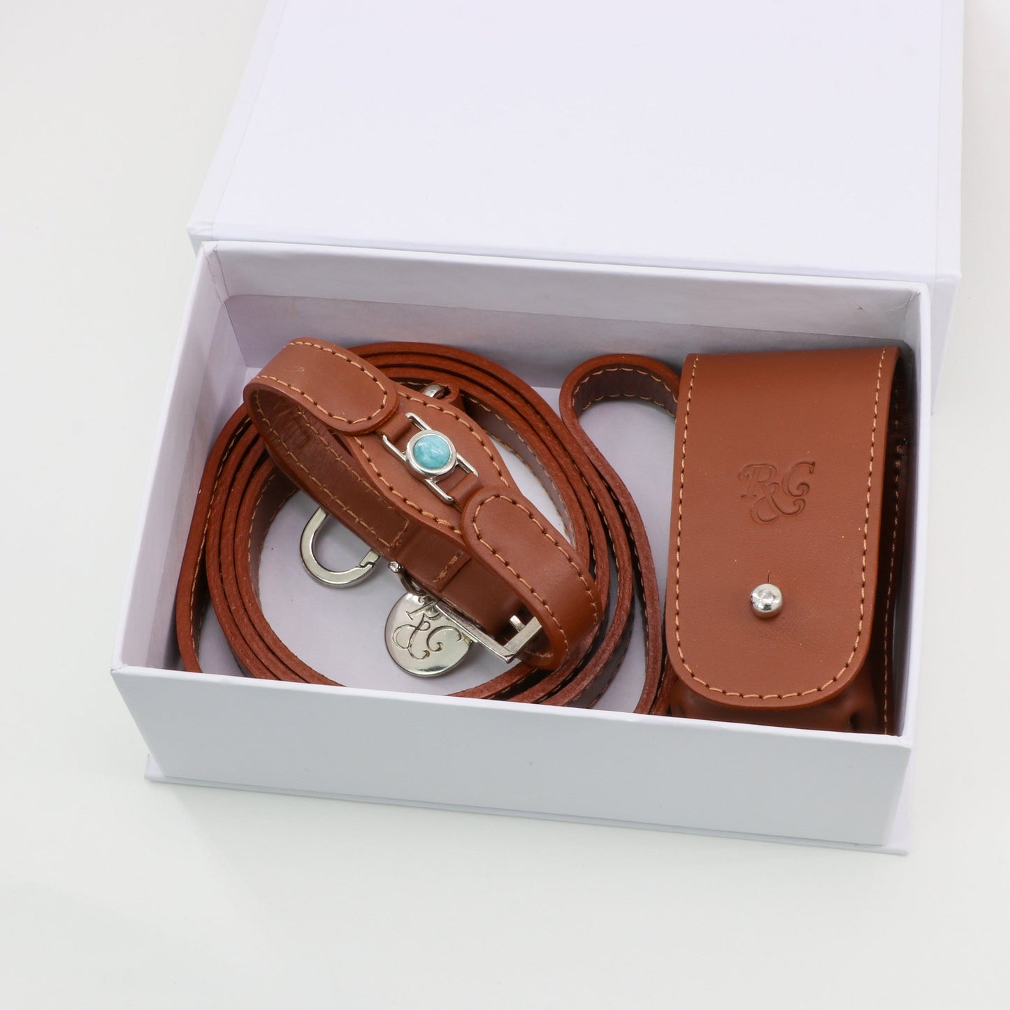 CONJUNTO PARA MASCOTAS DE COLLAR AMAZONITA, CORREA Y ESTUCHE PORTA BOLSAS – MEDIDA S - Accesorios para mascotas