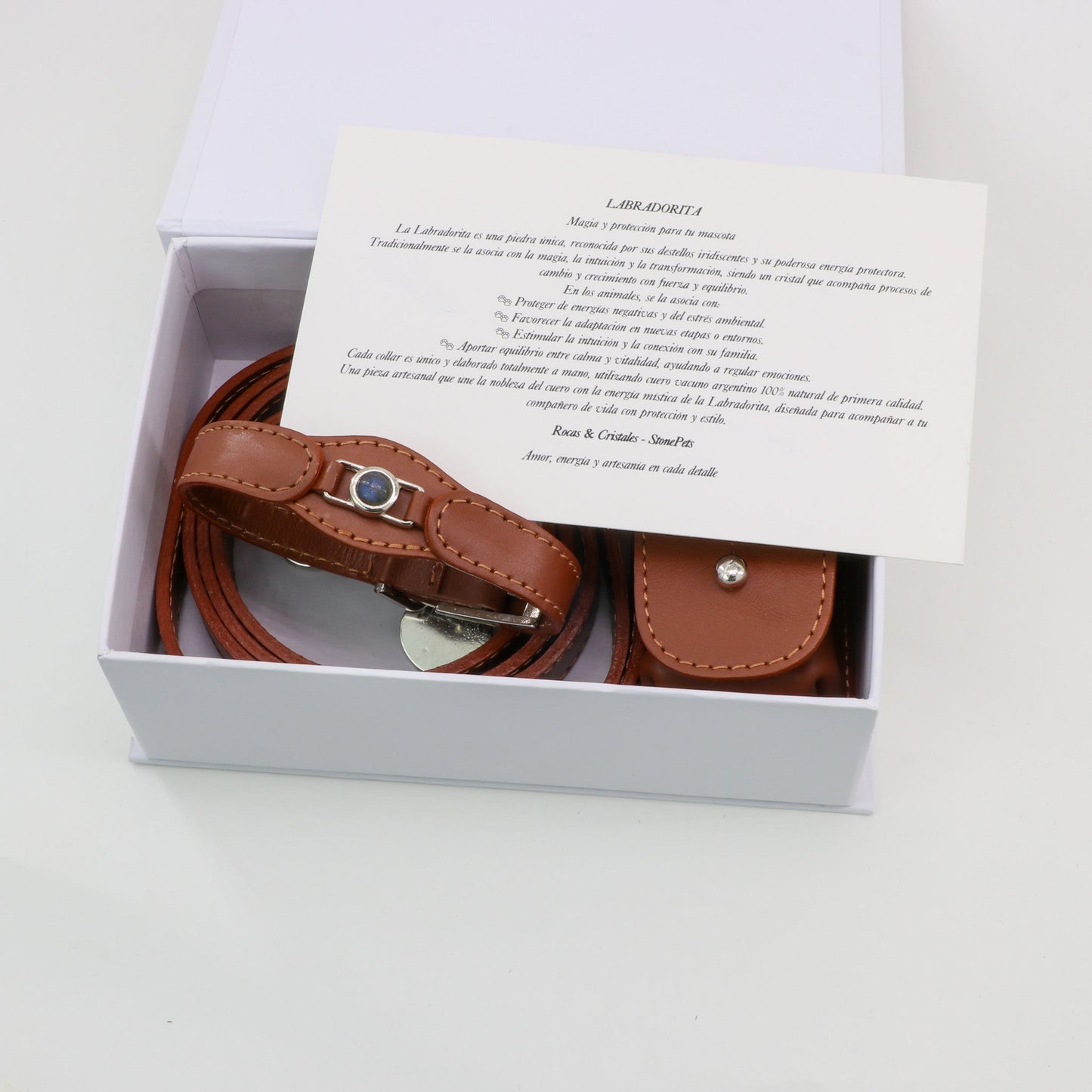 CONJUNTO PARA MASCOTAS DE COLLAR LABRADORITA, CORREA Y ESTUCHE PORTA BOLSAS – MEDIDA S - Accesorios para mascotas