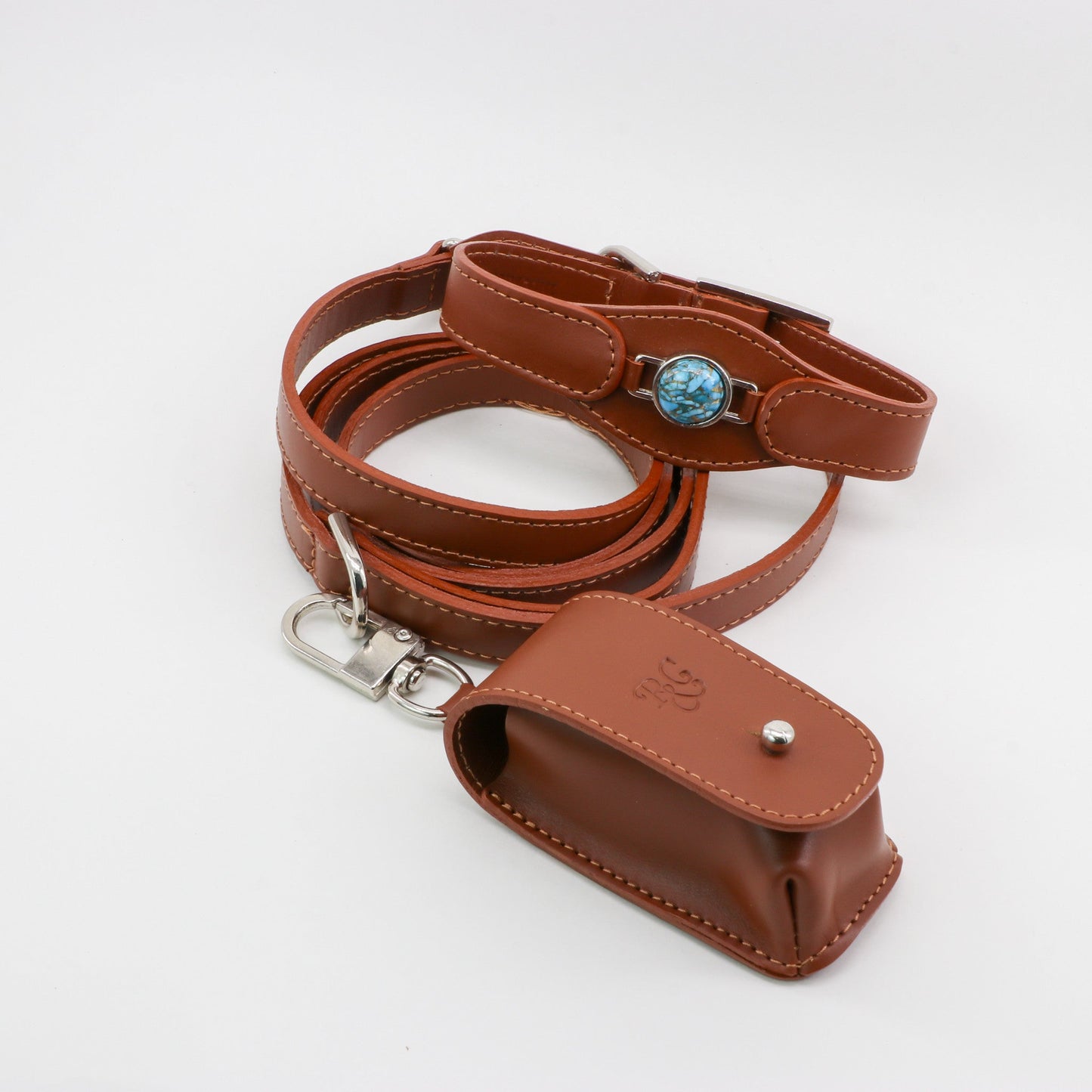 CONJUNTO PARA MASCOTAS DE COLLAR TURQUESA, CORREA Y ESTUCHE PORTA BOLSAS – MEDIDA M - Accesorios para mascotas