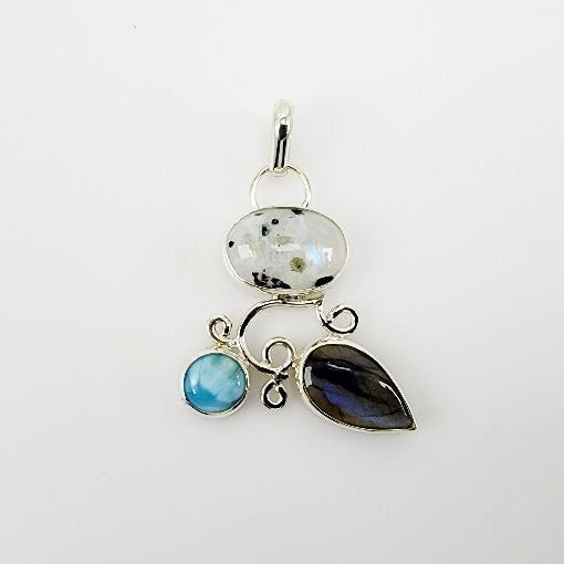 Dije de Labradorita azul, Piedra luna con turmalina negra y Larimar - Dijes