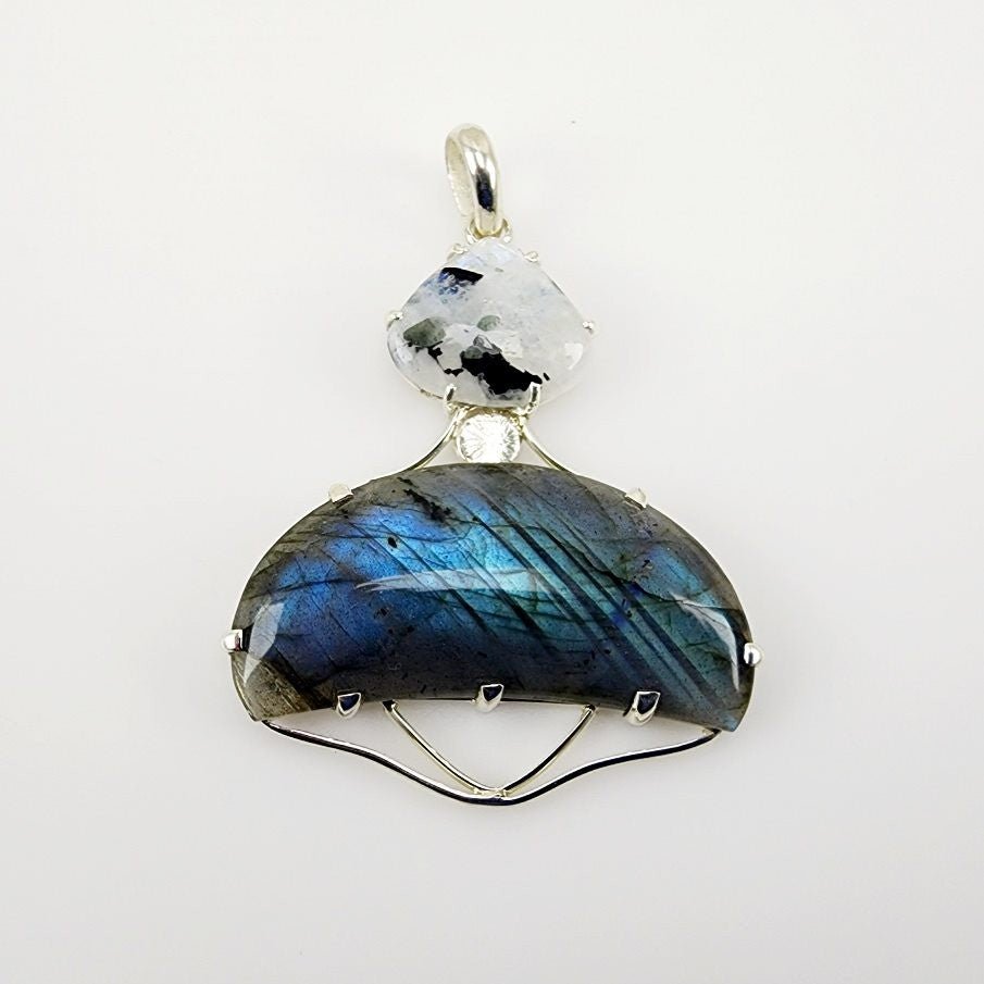Dije de Labradorita azul y Piedra luna con turmalina negra - Dijes
